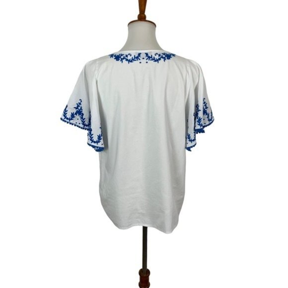 J. Crew Top Large Embroidered Blue White Short Sleeve - Picture 4 of 7